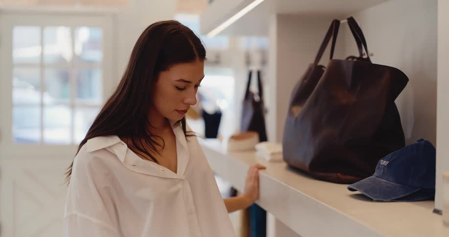 A fashionable woman in a white shirt thoughtfully examines merchandise on a shelf in a bright, modern boutique