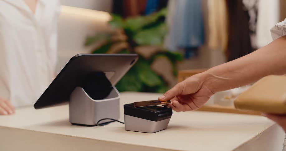 In slow motion, a customer uses a credit card for a contactless payment at a retail store checkout counter