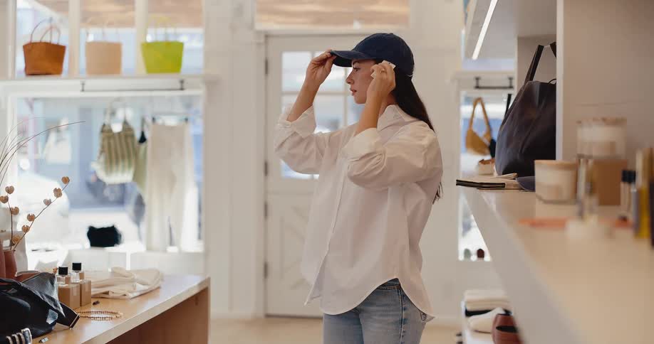 Slow motion shot of a stylish woman trying on a baseball cap in a chic retail boutique