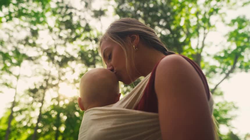A mother tenderly kisses her baby carried in a sling as golden sunlight shines through the lush green forest canopy