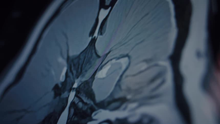 A detailed close-up of a magnetic resonance imaging (MRI) scan of a human body part