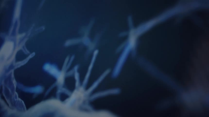 A close-up CGI animation of a blue neuron firing an electrical signal through its axon