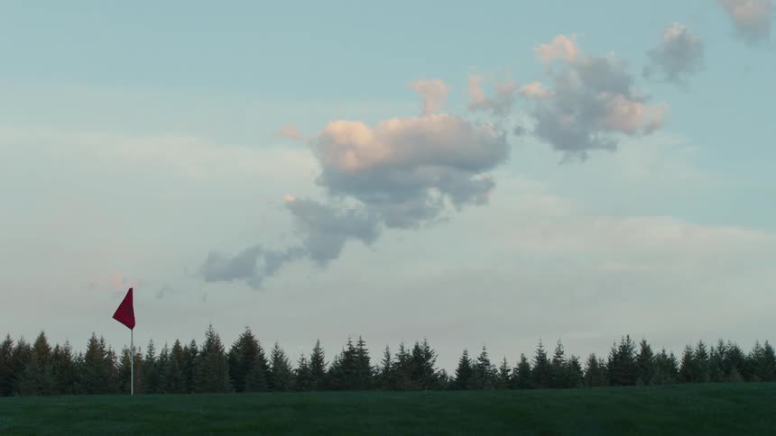 A serene wide shot of a red flag waving gently on a golf course green with a line of trees and a soft, cloudy sky in the background