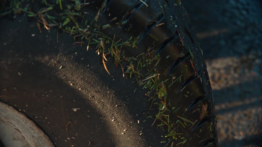 A detailed close-up of fresh green grass clippings stuck to the tread of a tire in warm sunlight