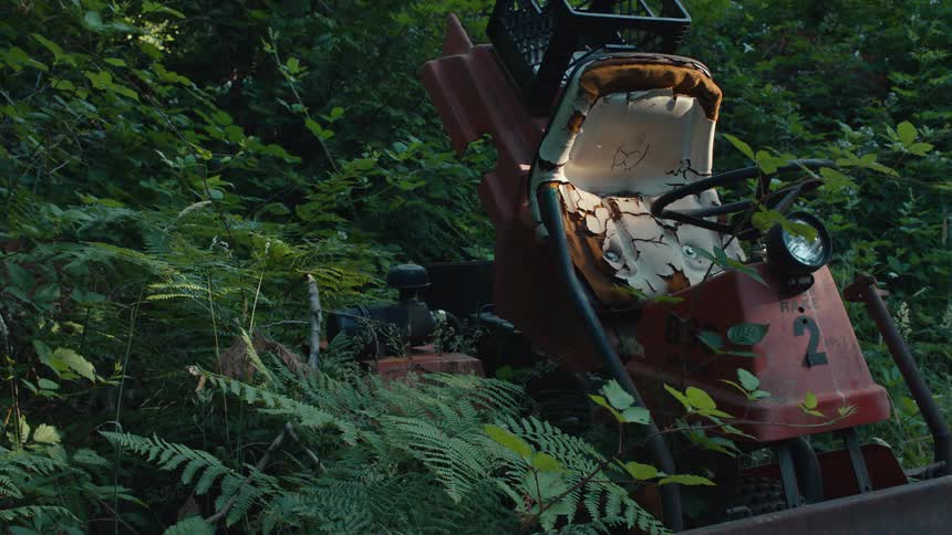 A stationary shot shows a decrepit red racing mower overgrown by lush green foliage in a quiet forest