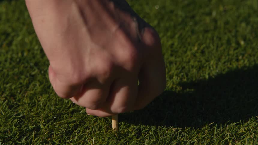 A golfer places a wooden tee into the green grass and sets a golf ball on top, ready for a drive