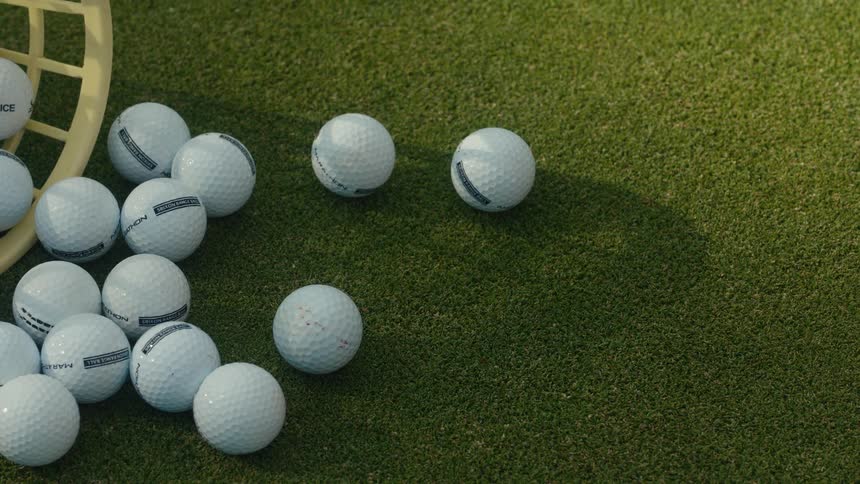Slow motion close-up of a putter moving golf balls around on a practice green