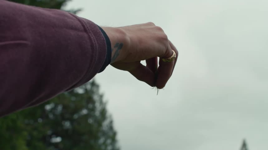 Slow-motion close-up of a person's hand letting go of a clump of green grass against a cloudy sky