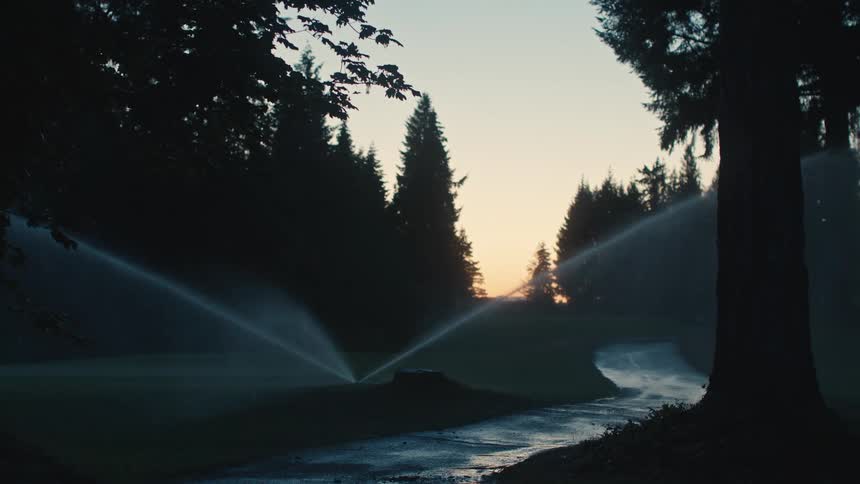 A serene shot of sprinklers watering a golf course fairway framed by silhouetted trees at dawn