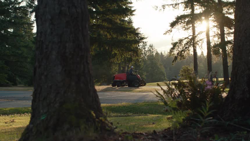 A groundskeeper uses a powerful leaf blower on a riding vehicle to clear a path in a park at sunset