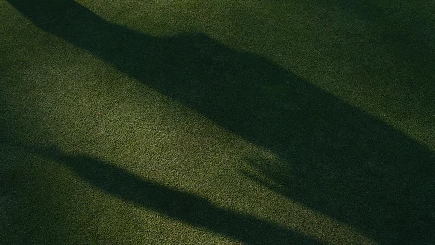 The long shadow of a golfer is cast on the green as they putt a golf ball and remove the flag from the hole