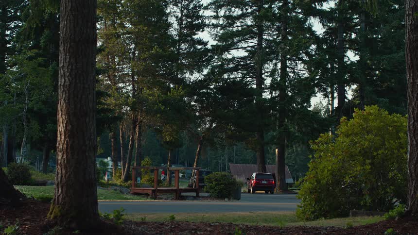 A red SUV drives down a quiet road through a forested park before parking and being unloaded by two people