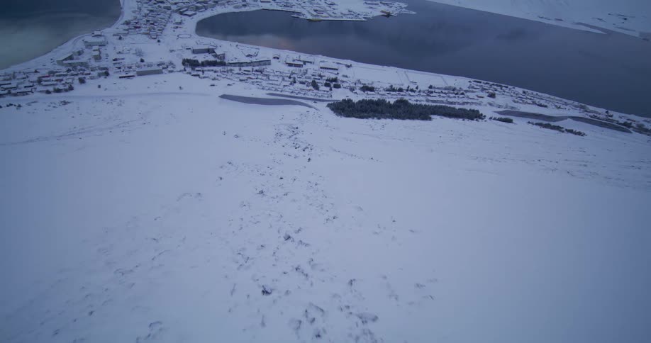 High-angle aerial shot tracks a person skiing down a pristine, snow-covered mountain towards a small village by the sea
