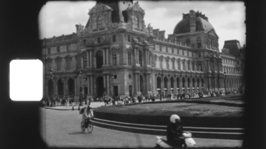 Vintage 8mm footage captures the timeless beauty of the Louvre Museum and iconic Parisian landmarks in black and white