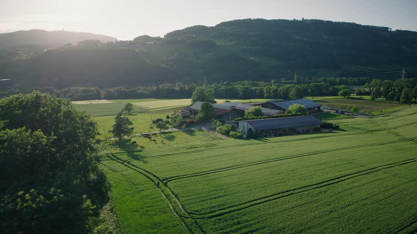 Aerial view of a picturesque farmstead nestled among rolling green fields and hills at golden hour