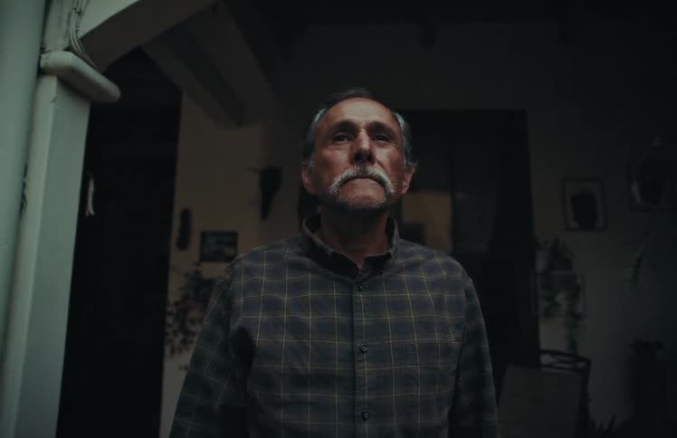 A contemplative older man with a mustache looks up with a serious expression in a dimly lit room as the camera slowly pulls back