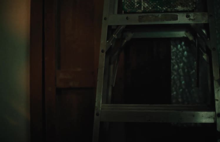 Close up slow pan on a metal ladder in a dark and eerie basement