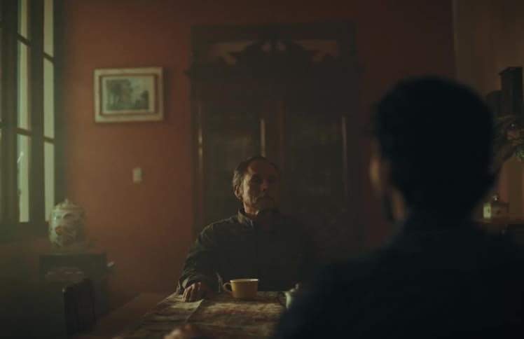 In a hazy, sunlit room, the focus shifts from a young man to an older man as they sit silently at a table