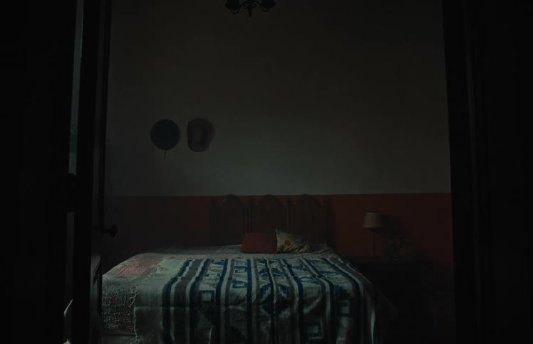 Shadows dance across the wall of a quiet, rustic bedroom as the day fades into evening in a time-lapse view from a doorway