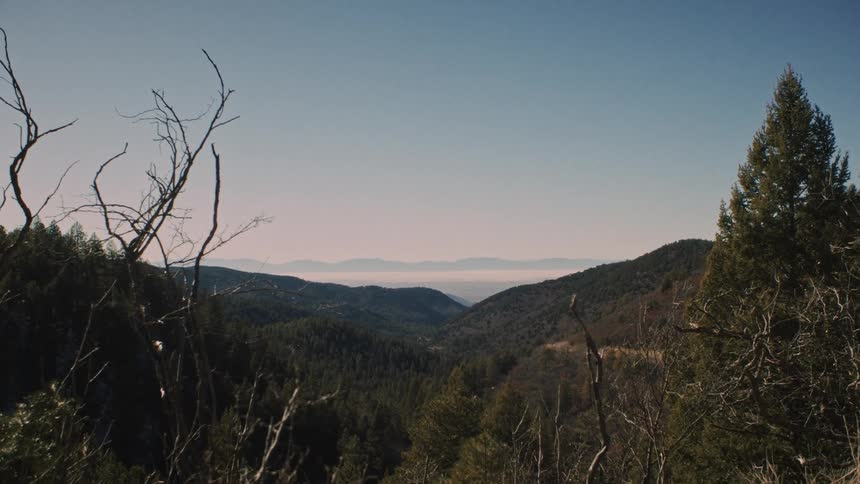 A scenic landscape view of a forested mountain valley with low-lying clouds on the horizon under a clear sky