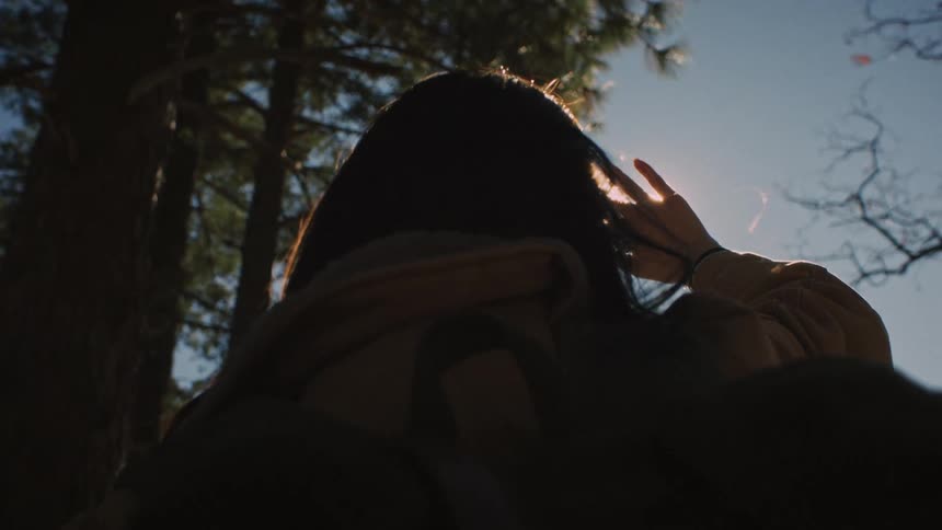 A woman with long dark hair, seen from behind, raises her hand to block the sun's rays in a serene forest setting