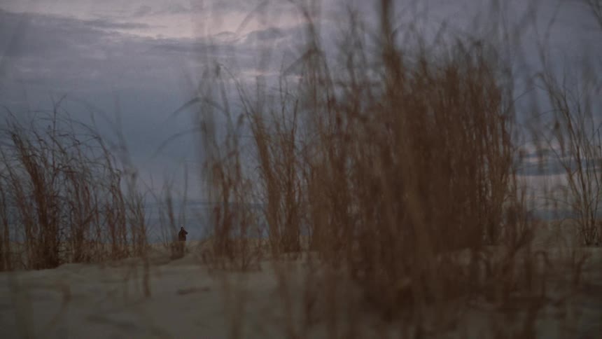 A lone person walks to the top of a sand dune at dusk, viewed from behind tall, swaying beach grass