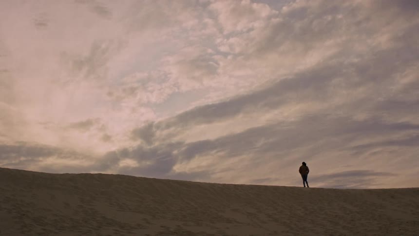 A silhouetted traveler walks along the crest of a sand dune, dwarfed by an expansive, cloudy sky