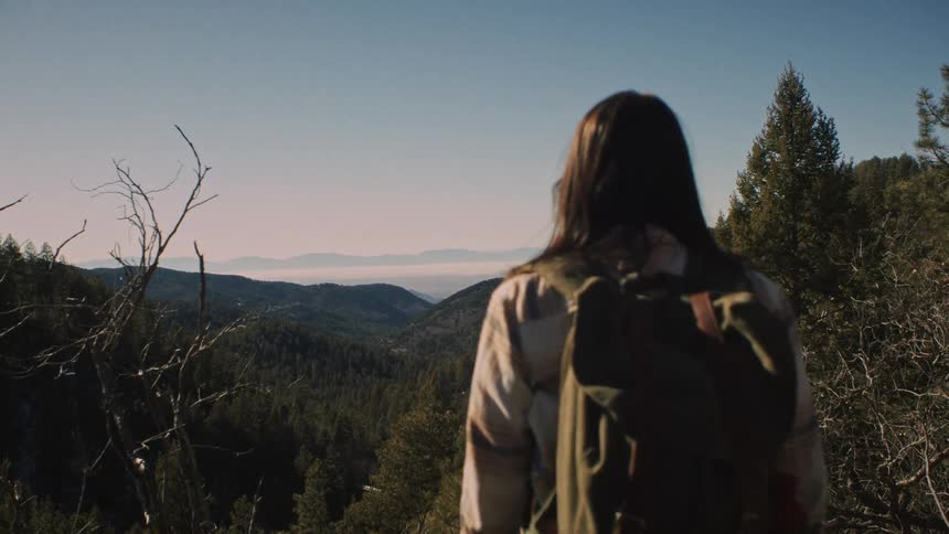 A female hiker with a backpack stands on a mountain overlook, taking in the panoramic view of a forested valley below