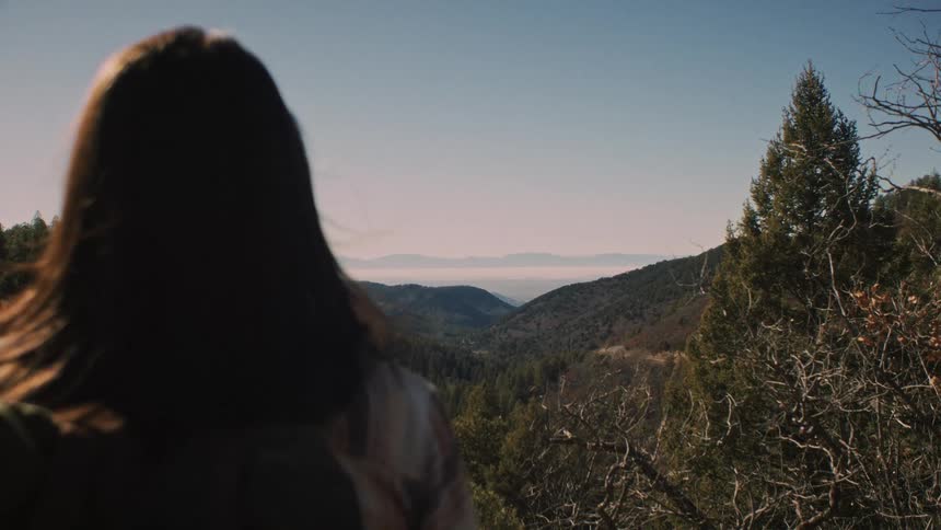 A woman with long dark hair gazes out over a scenic, tree-covered mountain valley on a sunny day