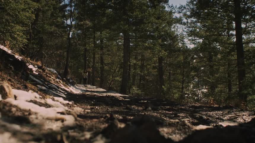 Low angle shot of a person hiking on a muddy, snow-covered trail through a sunlit pine forest