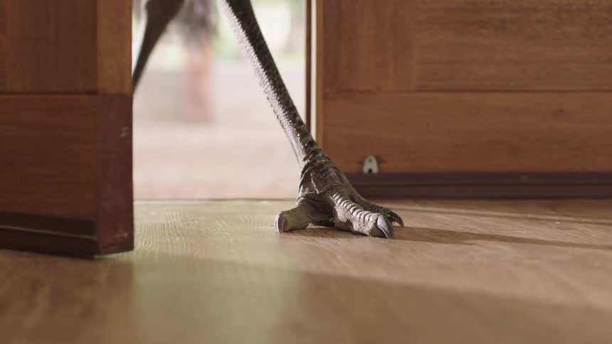 Slow motion footage shows a close up of an emu's feet walking through an open door and into a house
