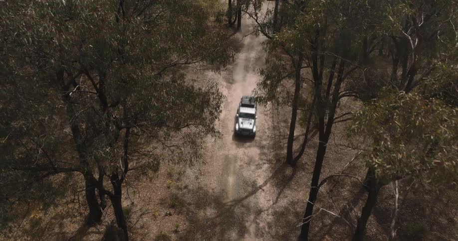A top-down aerial shot shows a 4x4 vehicle driving along a dusty track through a sunlit forest