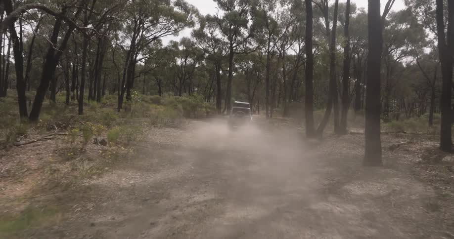 Slow motion shot of a grey 4x4 with a rooftop tent kicking up a cloud of dust as it drives away on a dirt track through a dry forest