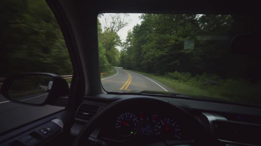 A driver's point of view of a journey down a winding, two-lane road through a dense, green forest