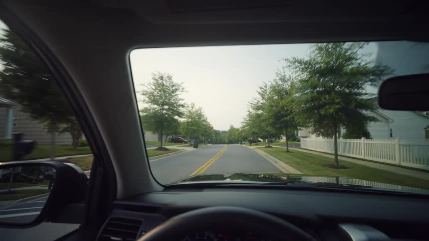 First-person perspective of a smooth drive through a quiet, modern American suburban neighborhood