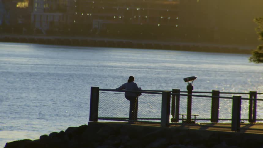 A silhouetted person leans on a railing at a scenic lookout, peacefully watching the shimmering water at sunset