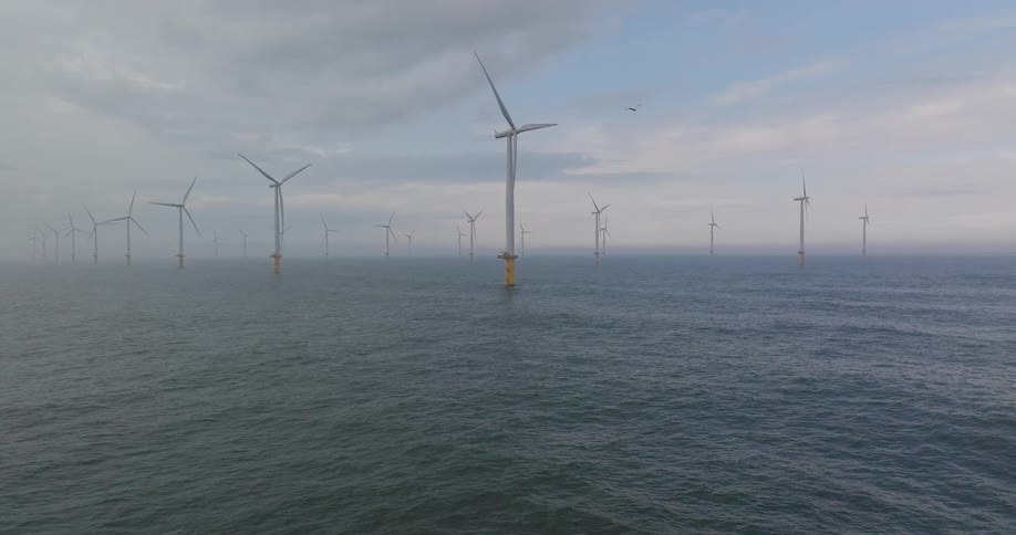 A wide, slow-motion shot of a large offshore wind farm with turbines standing in the ocean under a cloudy sky as a bird flies by