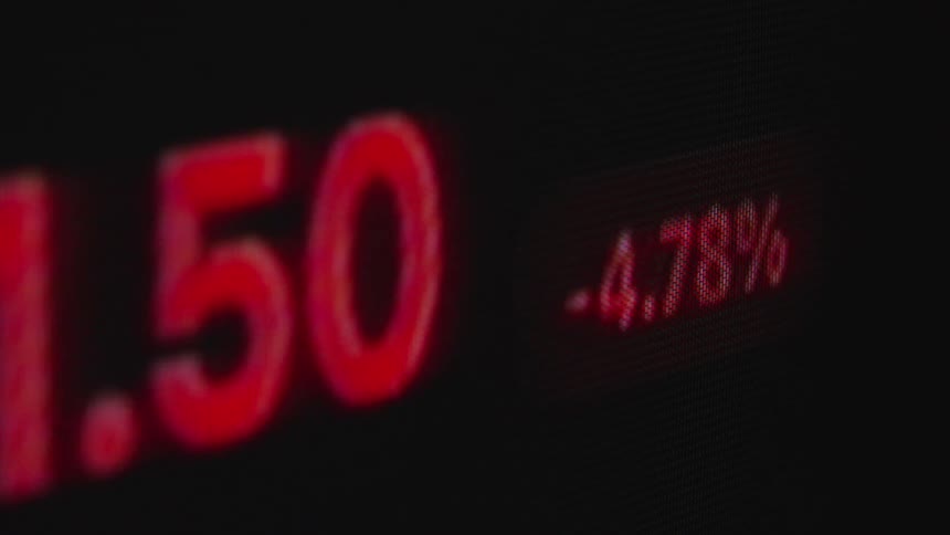 A financial ticker screen displays rapidly changing numbers, shifting between red losses and green gains