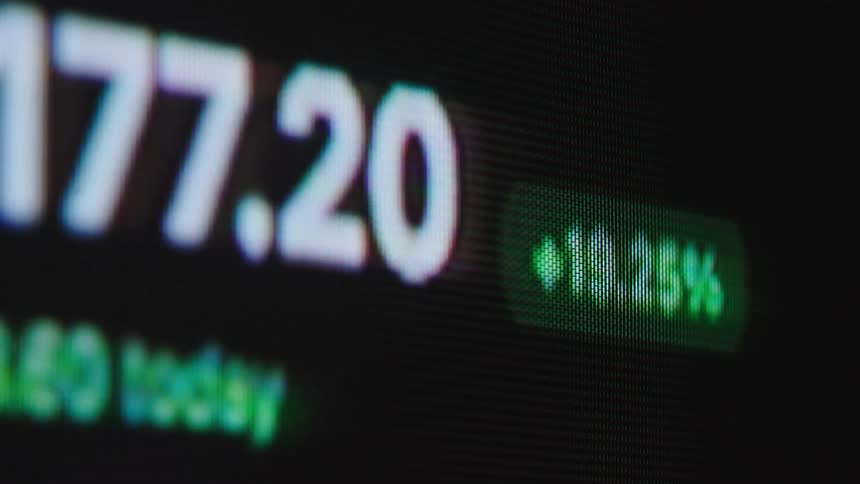 A macro shot of a volatile stock price rapidly increasing on a digital trading screen, showing a significant percentage gain