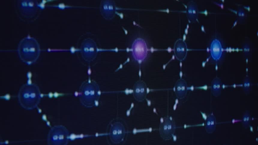 A close-up, abstract animation of a futuristic digital network with data flowing between glowing nodes on a dark screen