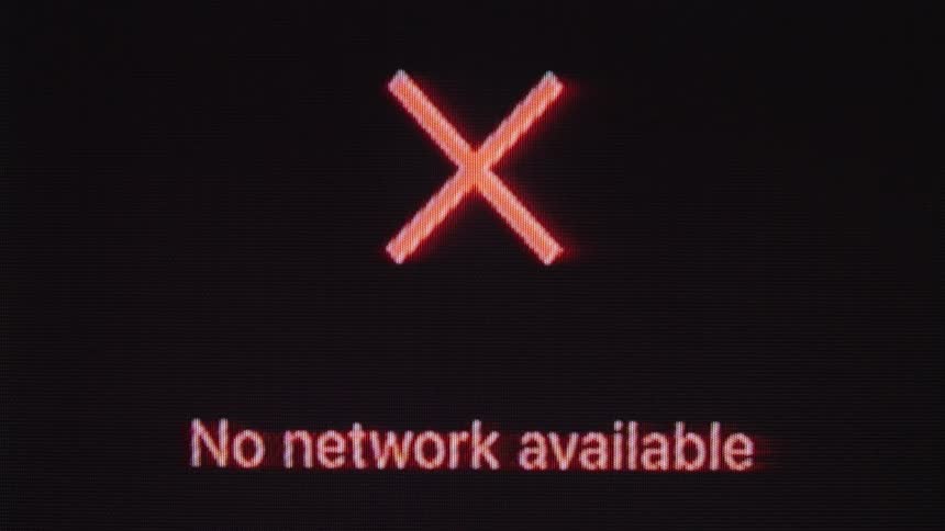 A digital screen shows a 'Searching...' icon that fails and displays a 'No network available' error message