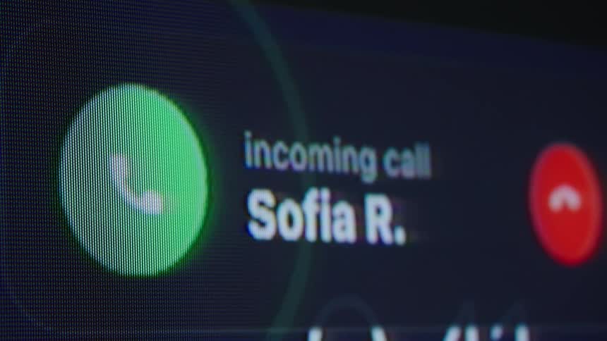A macro shot shows an incoming call notification from 'Sofia R.' ringing on a car's digital infotainment screen