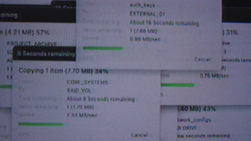 A chaotic computer screen displays multiple simultaneous file transfers, showing progress bars and data copying to various drives and archives