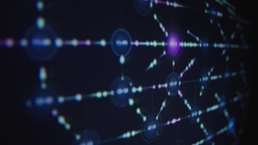 A macro shot shows a digital network with glowing nodes and data packets moving between connections, visualizing information flow