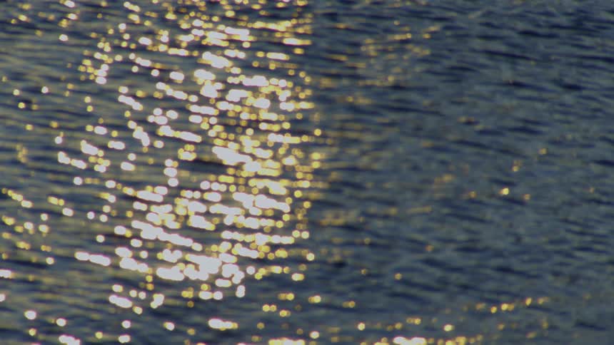 A dreamy, out-of-focus shot of golden sunlight sparkling and reflecting on the surface of blue water