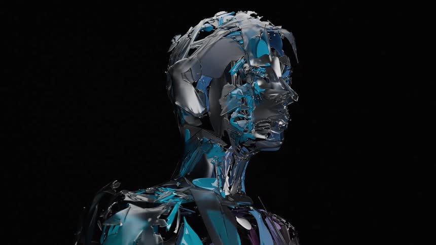 Close-up of an abstract, deconstructed humanoid figure with shifting, iridescent light against a black background in a seamless loop