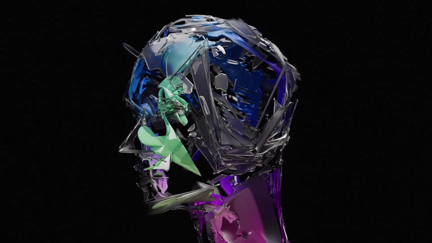 A colorful, abstract CGI human head made of shifting metallic and iridescent fragments slowly morphs against a solid black background