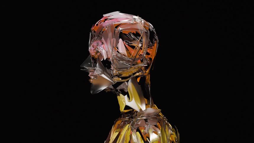 A profile view of a fragmented humanoid bust made of shifting, iridescent, metallic pieces against a black background