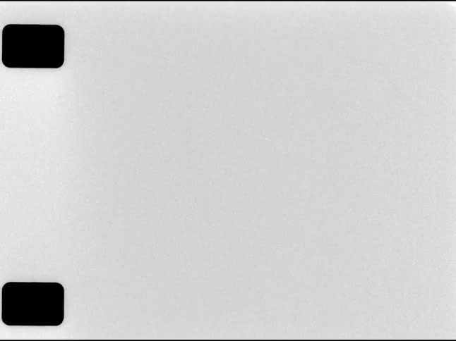 Authentic 16mm black and white film leader texture with sprocket holes, flickering light, and vintage damage