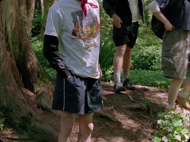 A group of young adult friends rest and hang out on a sunny day while hiking through a lush forest